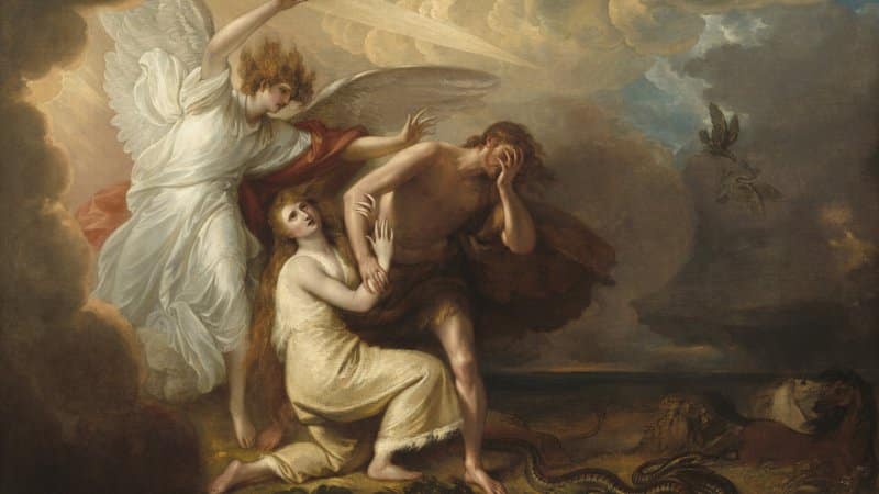 Peinture de Benjamin West, L'Expulsion d'Adam et Ève du Paradis qui illustre bien l'utilisation de couleurs et de symboles